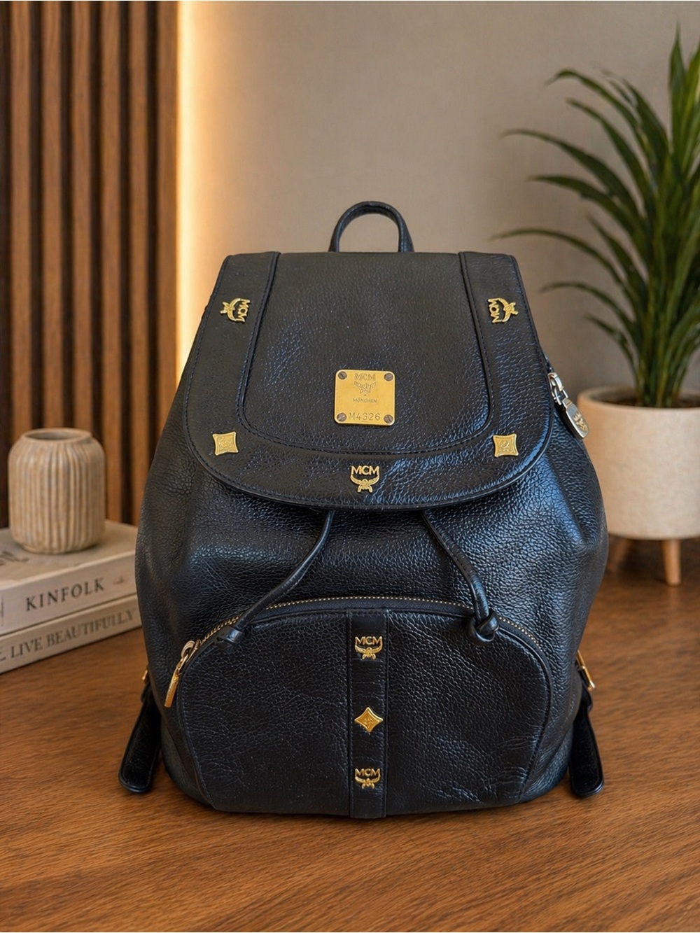 MCM Stark Black Leather Backpack with Gold Hardware